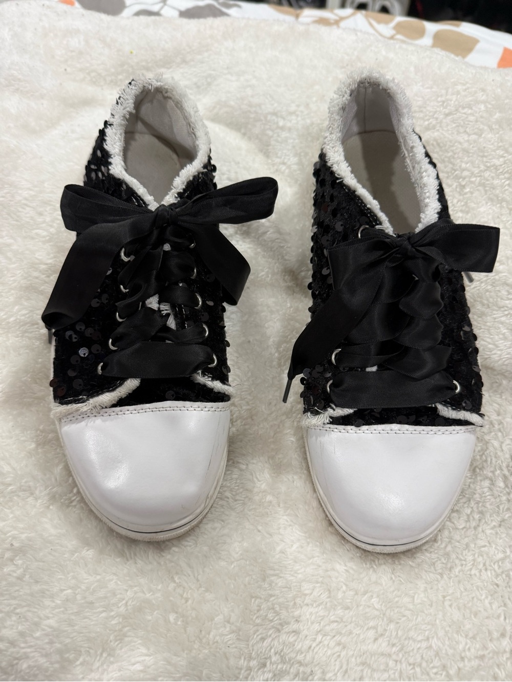 Black Sequin Lace-Up Sneakers with White Toe - Women's